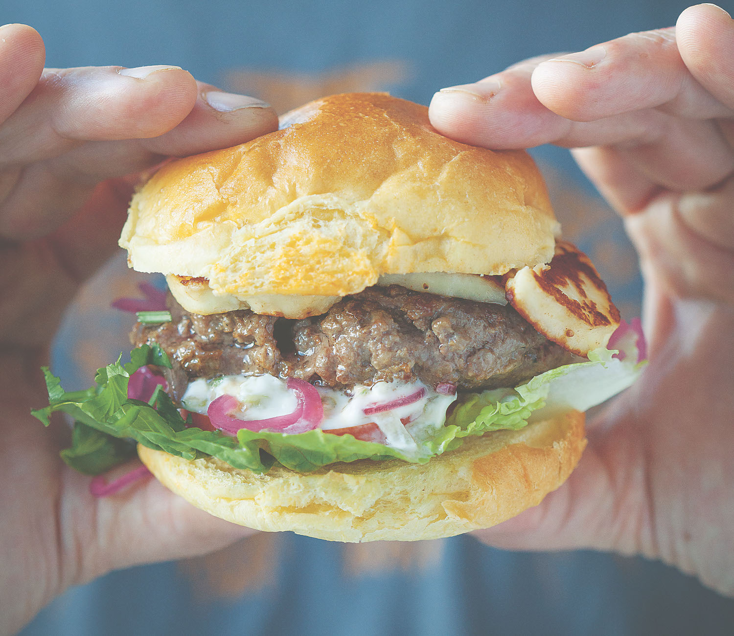 Goat Burgers with Halloumi, Red Onion Salad and Tzatziki 